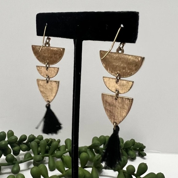 Brushed Gold Tiered Tassel Earrings Gold Black Dangle Boho Preppy Half Circle - Picture 3 of 6